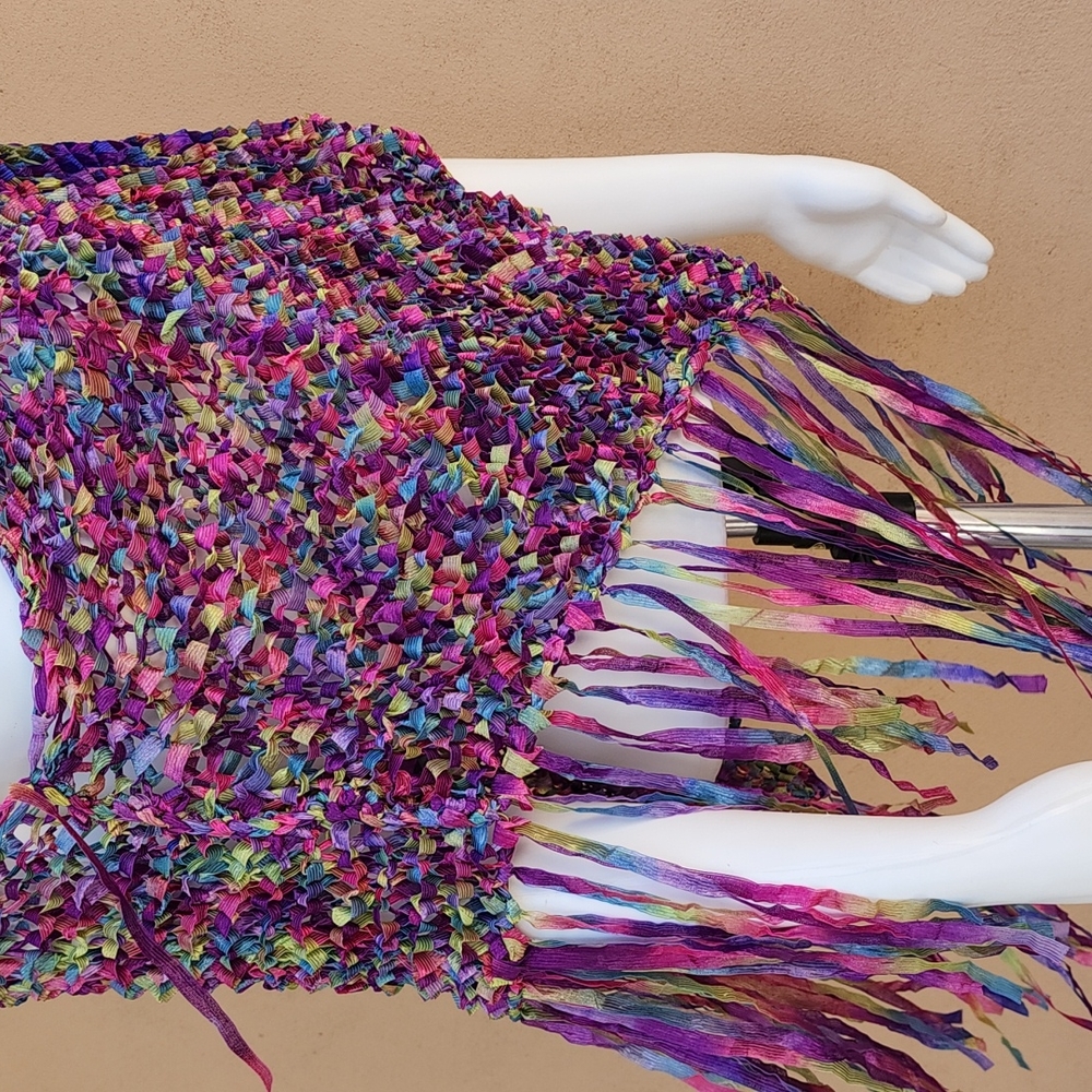 VINTAGE HANDMADE Ribbon Weave Woven Shawl Cocoon Poncho Top Ombre Purple Y2K - Picture 13 of 16